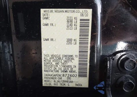 2010 Nissan Maxima 3.5 Sv from USA, damaged, VIN 1N4AA5AP2AC872602